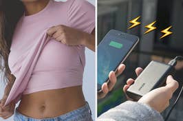 model in pink t-shirt with built-in bra; anker phone bank