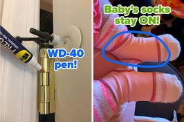 L: WD-40 pen R: baby wearing pink sock ons over their socks to prevent them from slipping off their sock