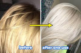 A reviewer with yellow-tone blonde hair and the same reviewer with platinum blonde hair