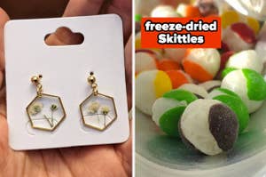 pressed flower earrings and freeze dried skittles