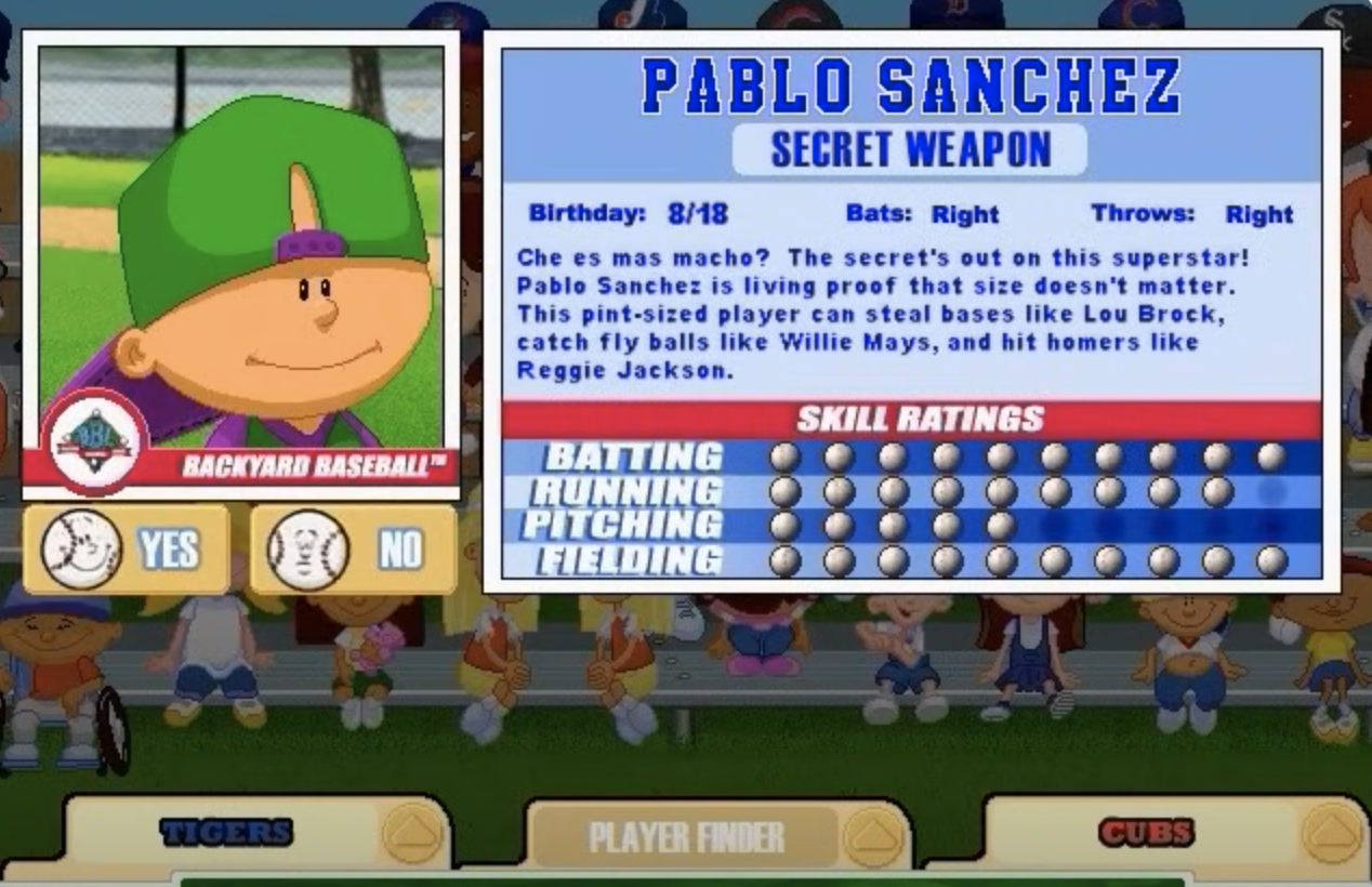 Character Pablo Sanchez from &quot;Backyard Baseball&quot; game with baseball stats on screen