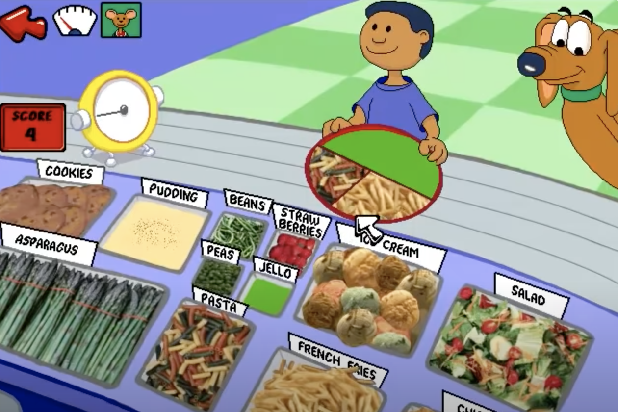 Cartoon of a boy and dog at a food table with various labeled food options, highlighting pasta