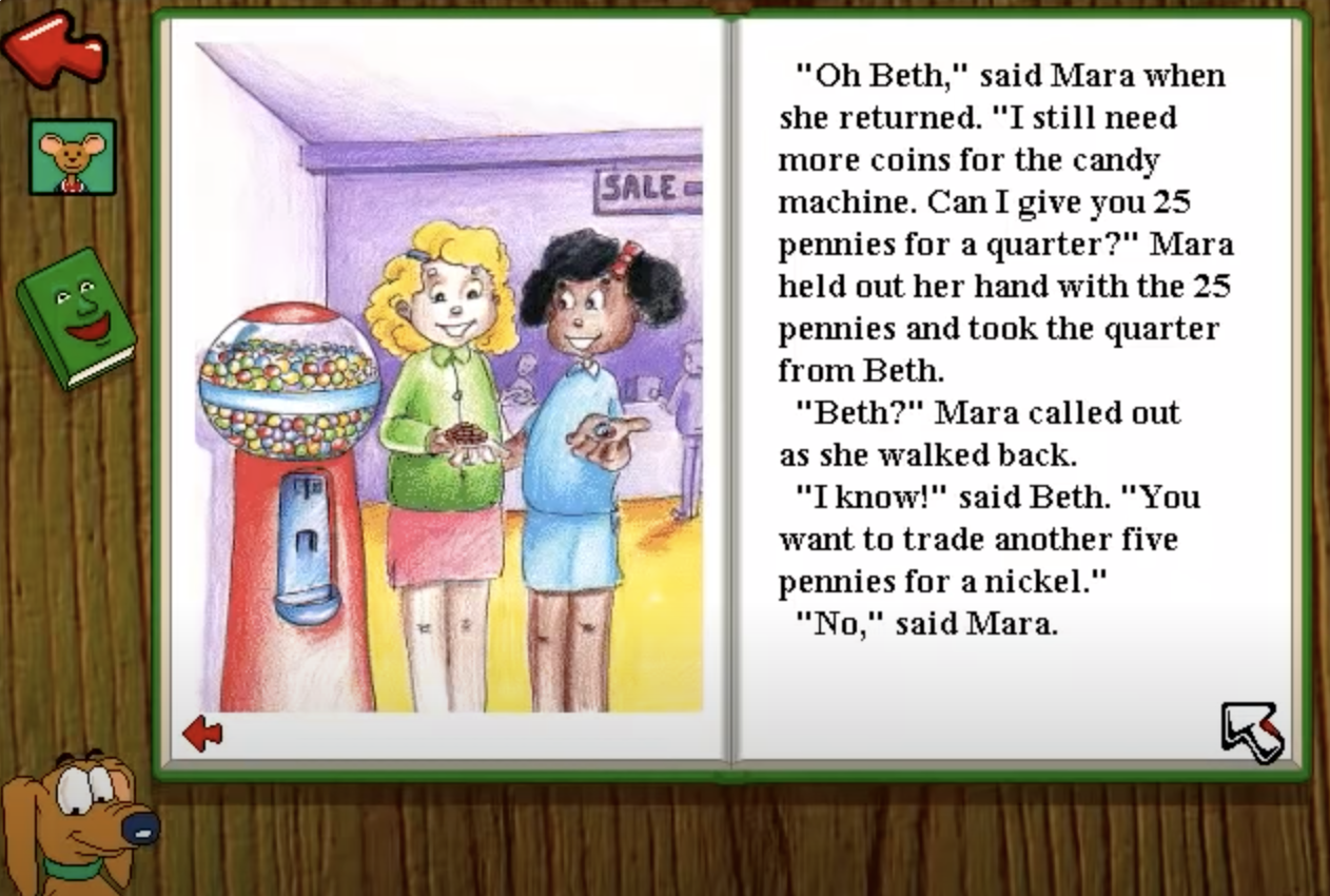 Illustration from a children&#x27;s book showing two girls at a candy machine, one holding out a quarter to another