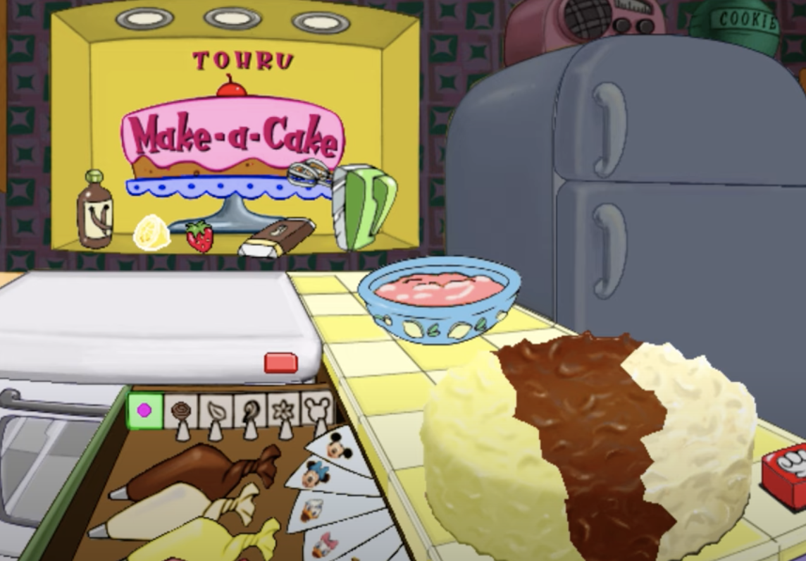Animated kitchen scene from a video game with a &quot;Make-a-Cake&quot; mixer, ingredients on counter, and recipes in a drawer