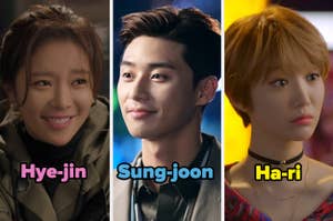 Tres personajes de She Was Pretty: Hye-jin, cheerful; Sungjoon, smiling; Hari.