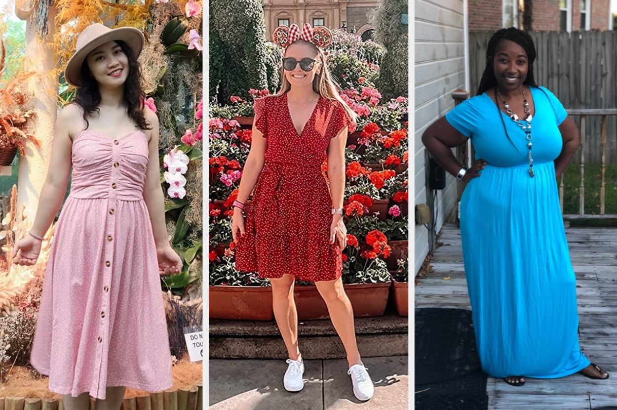from left to right: reviewers wearing off-shoulder patterned red mini dress, white sleeveless patchwork mini dress, red ruched short sleeve dress