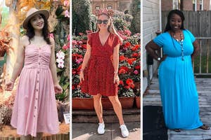 from left to right: reviewers wearing off-shoulder patterned red mini dress, white sleeveless patchwork mini dress, red ruched short sleeve dress