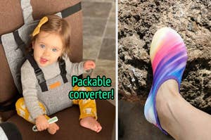 Toddler in a harness on a dining chair and text reading "Packable converter!", and a reviewer wearing a rainbow waterproof sock-like shoe