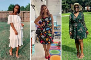 from left to right: reviewer wearing off-shoulder white ruffle dress, reviewer wearing dinosaur-print sleeveless dress, reviewer wearing green long-sleeve floral mini dress