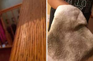 Before and after photos of a wooden surface cleaned using a microfiber cloth