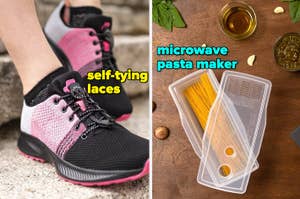 Close-up of self-tying shoe laces on sneaker; beside, a microwave pasta maker with uncooked spaghetti
