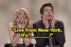 Two people excitedly resting chins on hands with the caption "Live from New York, it's Saturday Night!"