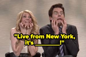 Two people excitedly resting chins on hands with the caption "Live from New York, it's Saturday Night!"
