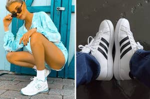 Woman in a trendy blue top and sunglasses with white sneakers; Close-up of white classic-styled sneakers