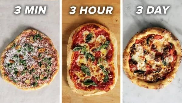Three pizzas showing different cooking times: 3-minute, 3-hour, and 3-day dough preparation