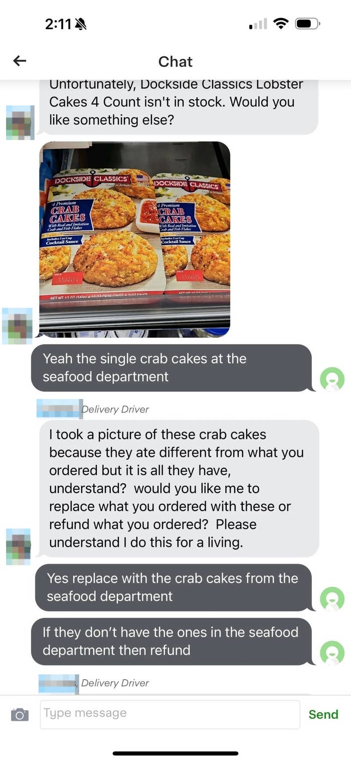 Chat screenshots between a customer and delivery driver discussing a substitution for Dockside Classics Lobster Crab Cakes