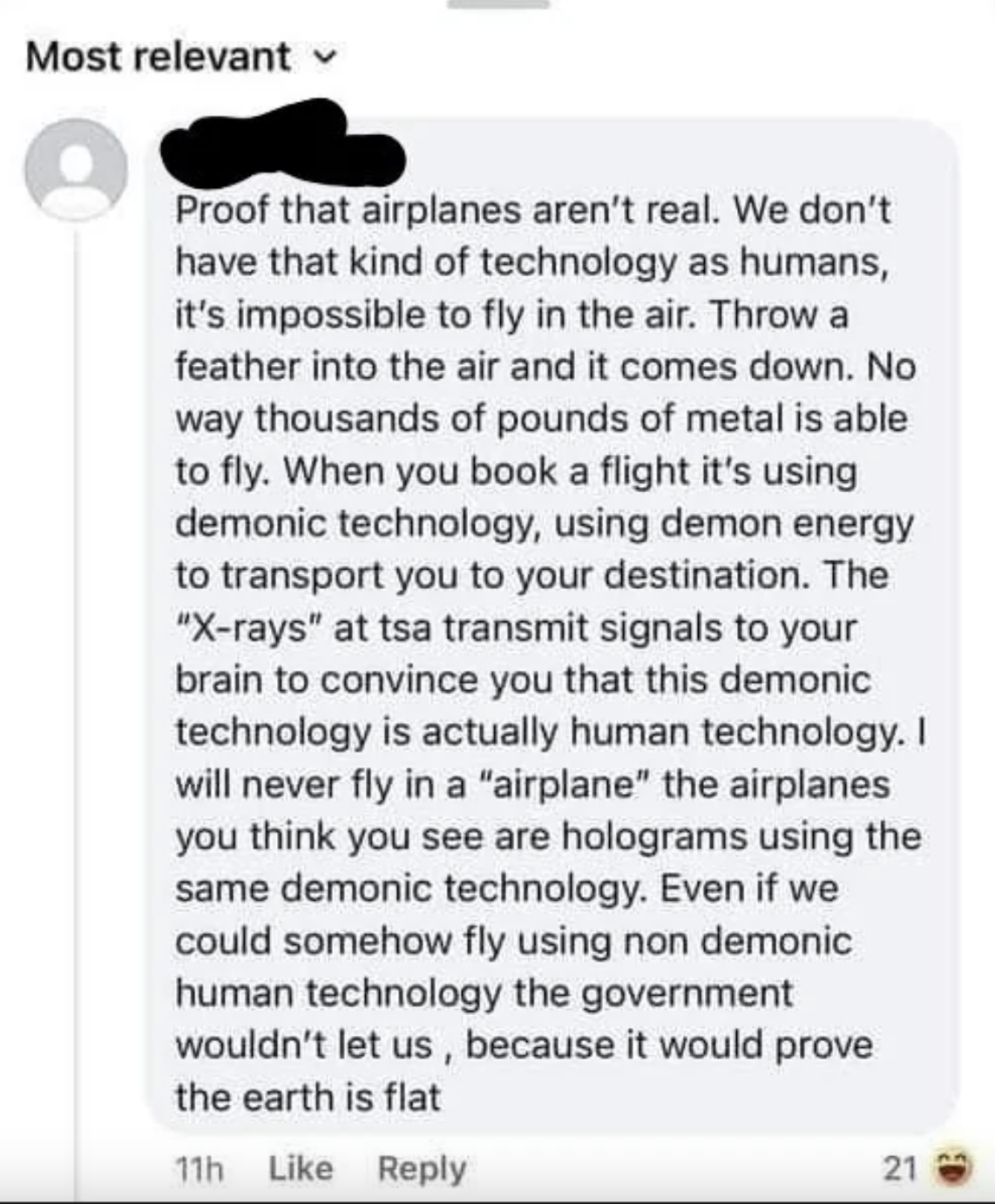Summarized screenshot of a social media comment speculating on technology and dismissing airplanes, referencing holograms and government secrets