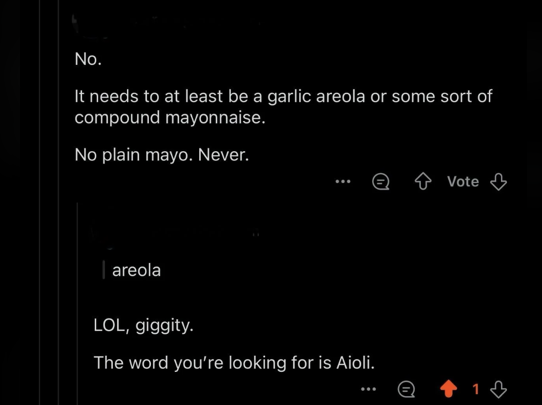 Social media screenshot of a humorous exchange where someone confuses &#x27;aioli&#x27; with &#x27;areola&#x27;