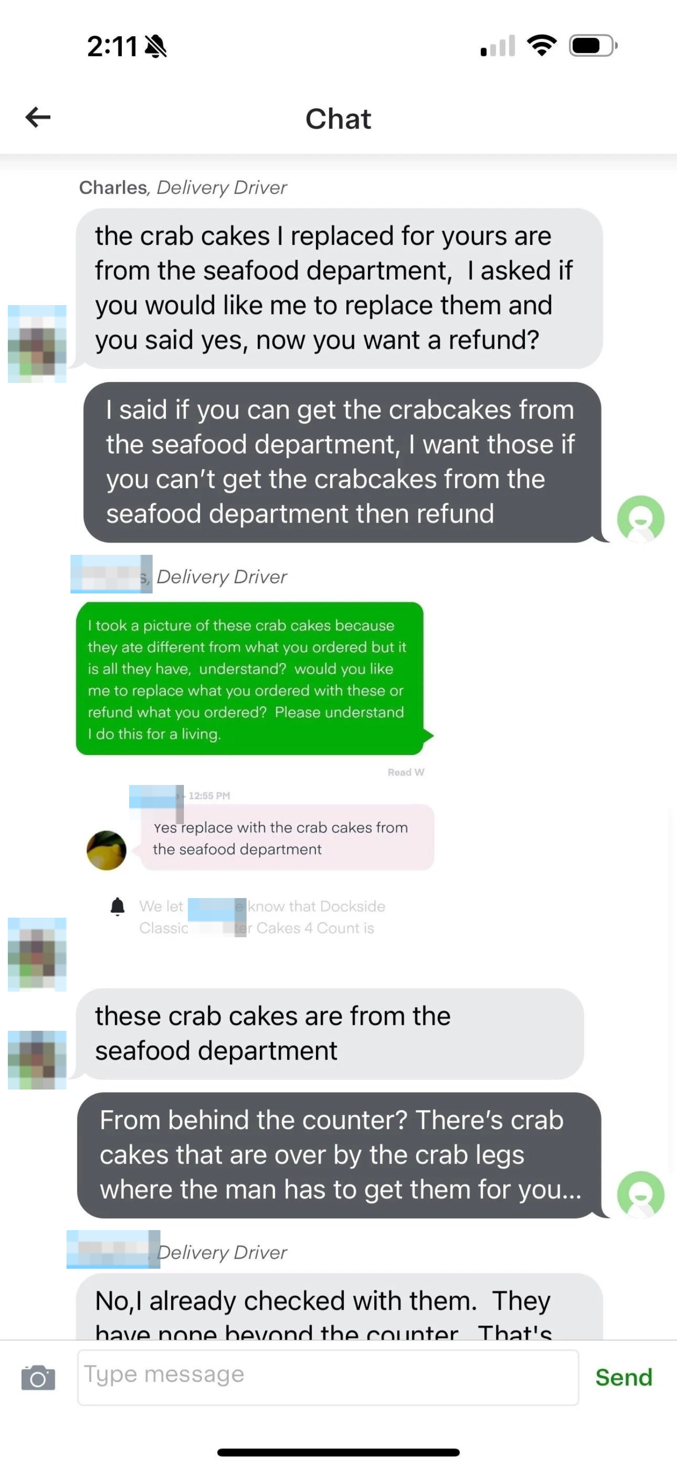 Chat screenshots between two people discussing a delivery issue with seafood and replacement crab cakes, with visible timestamps