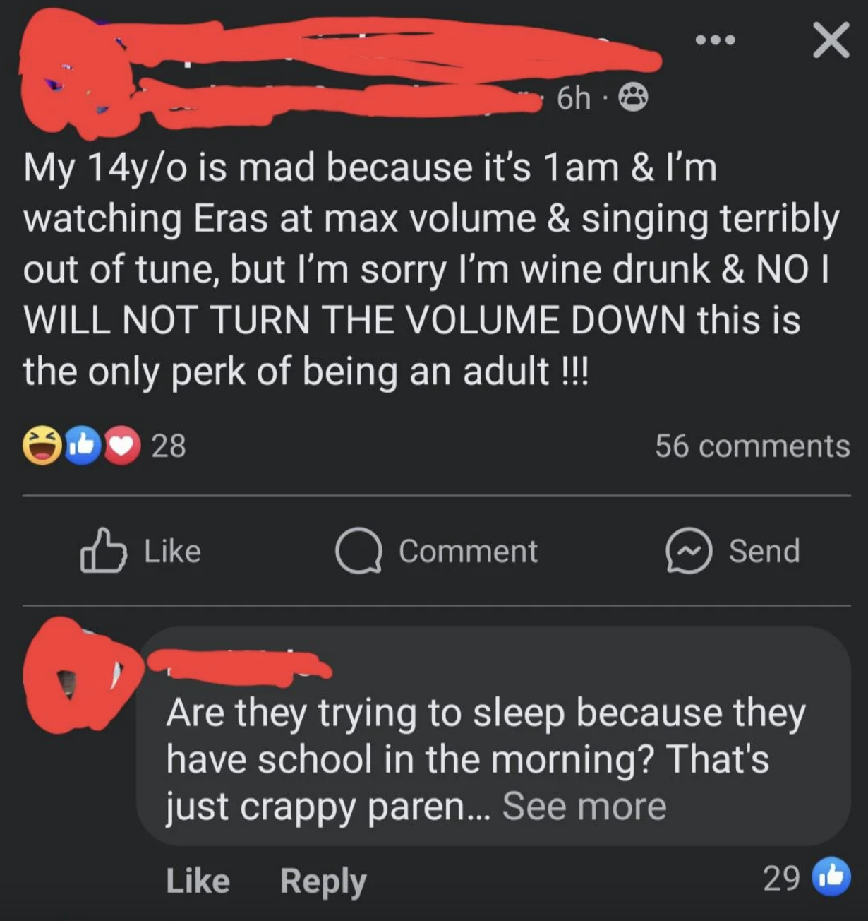 Screen capture of a social media post where a parent humorously complains about their teen being mad for turning down the volume due to wine-induced singing