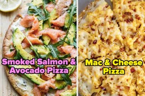 smoked salmon and avocado pizza and mac and cheese pizza 