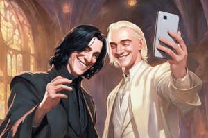 AI versions of Draco and Snape taking a selfie together.