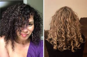on left: reviewer with dark brown defined curls, on right: reviewer showing back view of curly blonde hair