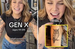 A tattoo artist saying owls are a common Gen X tattoo