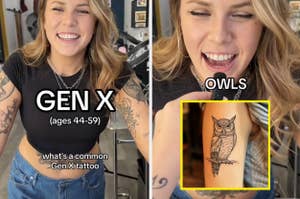 A tattoo artist saying owls are a common Gen X tattoo
