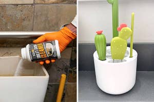 on left: toilet tank cleaner, on right: cactus-shaped bottle brush cleaning set