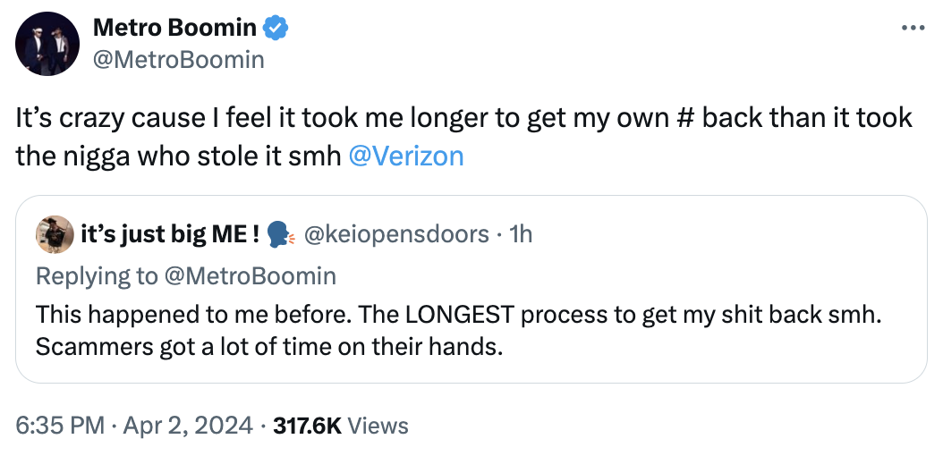 Tweet by Metro Boomin expressing frustration over regaining his account, comparing it to the thief&#x27;s ease, with a reply about similar experiences