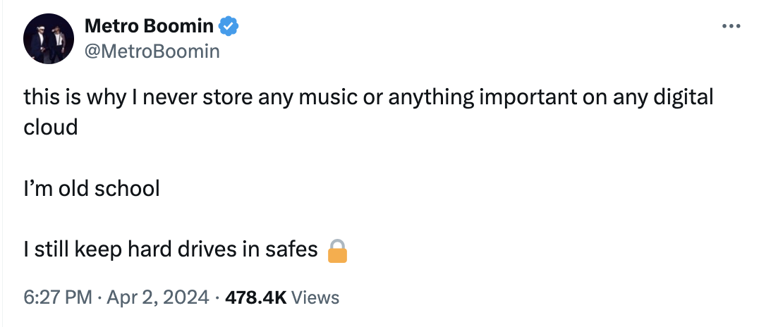Metro Boomin tweets about storing music on hard drives, not on the cloud, calling it old school