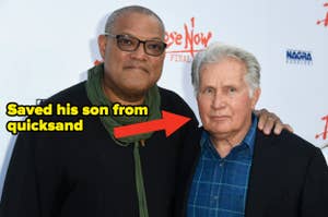 Laurence Fishburne and Martin Sheen at an event, both in smart casual attire with text overlay "Saved his son from quicksand"