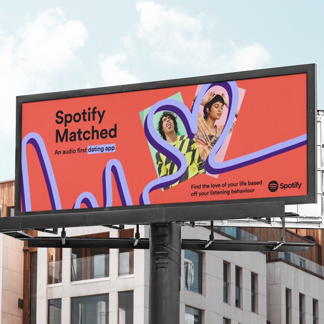 Billboard ad for &quot;Spotify Matched&quot;, an audio-first dating app, with two illustrated characters wearing headphones