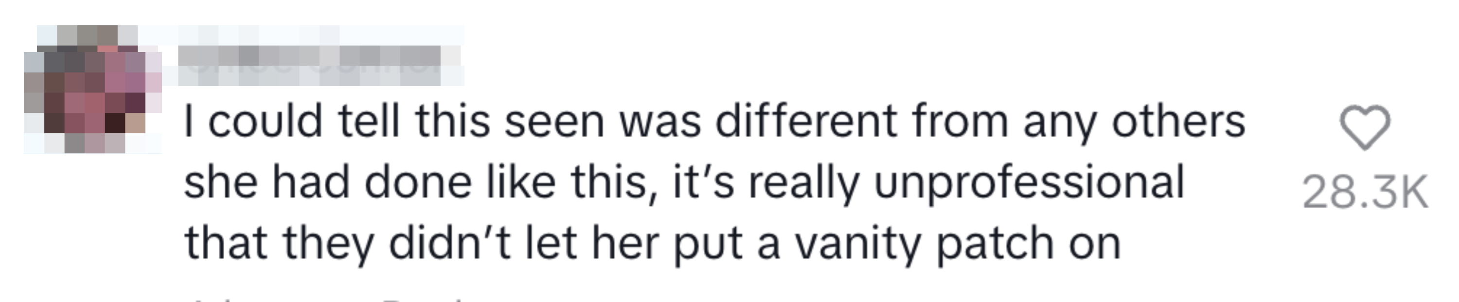 Text in image: Chloe Connor comments on a scene's unprofessionalism due to lack of a vanity patch, expressing distinction from others