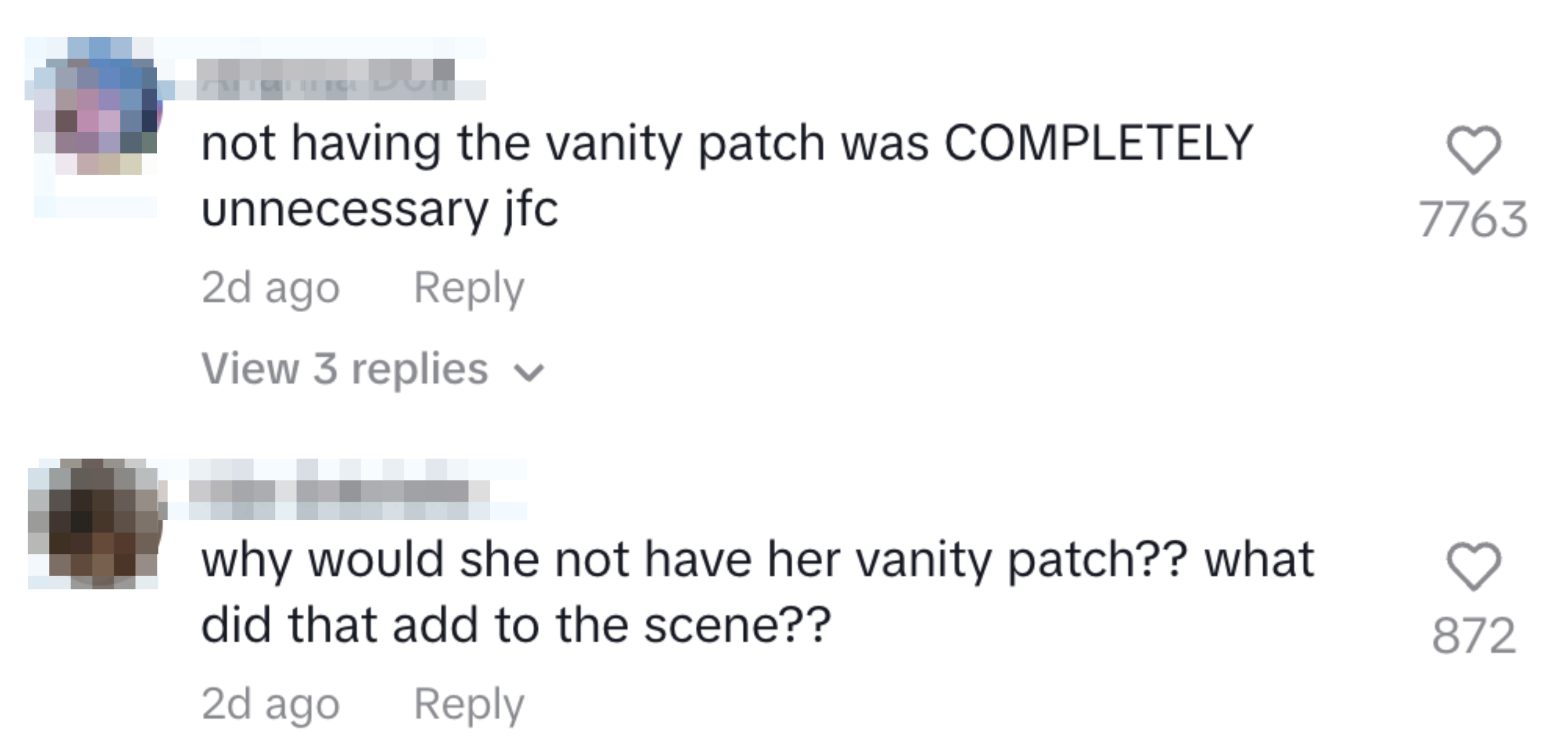 Comments expressing disapproval about a missing vanity patch in a scene, querying its impact