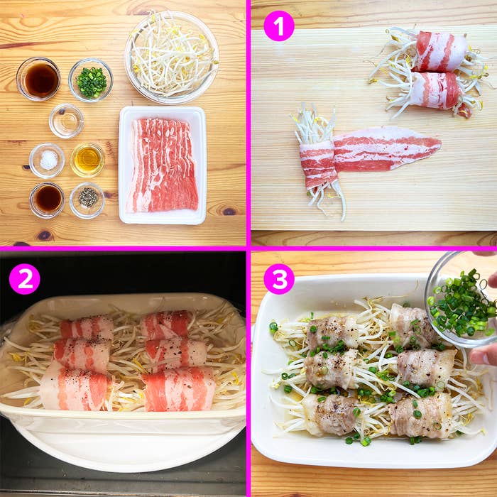 豚肉ともやしの成分と調理過程を示す４枚の写真。