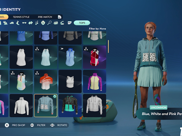 A character in a video game tennis outfit selection menu, with various clothing options displayed