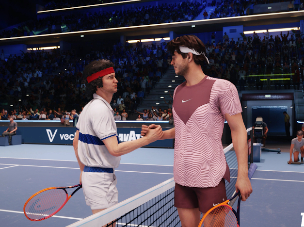 Two tennis players in sportswear shaking hands at a net, spectators in the background