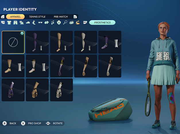 An in-game screenshot of a character customizing menu, featuring options for apparel and prosthetics for a tennis player avatar
