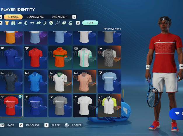 Video game character customization screen showing various tennis apparel options for a male avatar