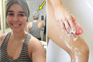 Person uses a hair towel wrap and exfoliates leg; products for post-shower care