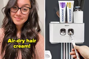 Person smiling beside a toothbrush station with toothpaste, labeled "Air-dry hair cream!" for a shopping article