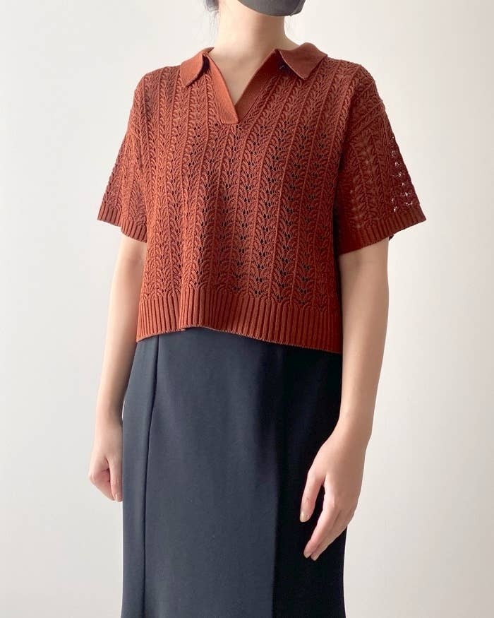 GUのオススメのトップス「透かし編みスキッパーポロセーター(半袖)」