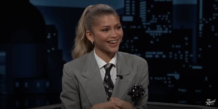 Closeup of Zendaya speaking to Jimmy Kimmel