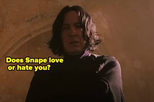 Image from a film showing the character Severus Snape with the caption "Does Snape love or hate you?"