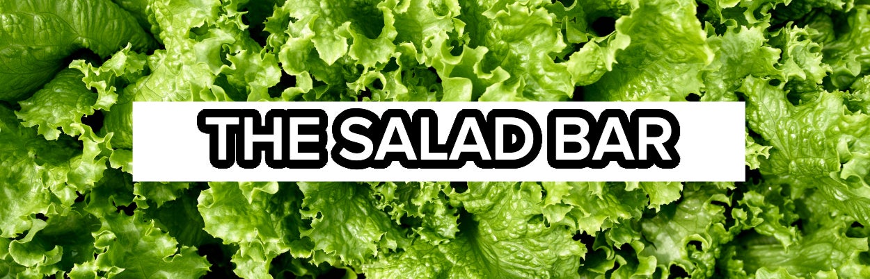 Text banner reading &#x27;THE SALAD BAR&#x27; over a background of lettuce leaves