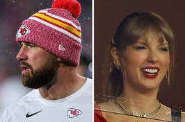 Split image with a bearded man in a sports uniform and pom-pom hat on left, and a smiling woman in elegant attire with a necklace on right