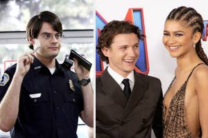 Two images: Left - Actor in police uniform; Right - Male & Zendaya in elegant attire, smiling