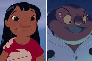 Lilo in a red and white dress standing confidently, Stitch smiling with his mouth open to the right